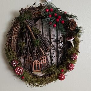 Forest Rustic Cottage Wreath with Red Mushroom Accents